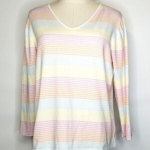 Neiman Marcus Pastel Stripe Longsleeve V-neck Cotton Blend Pullover Top, XL